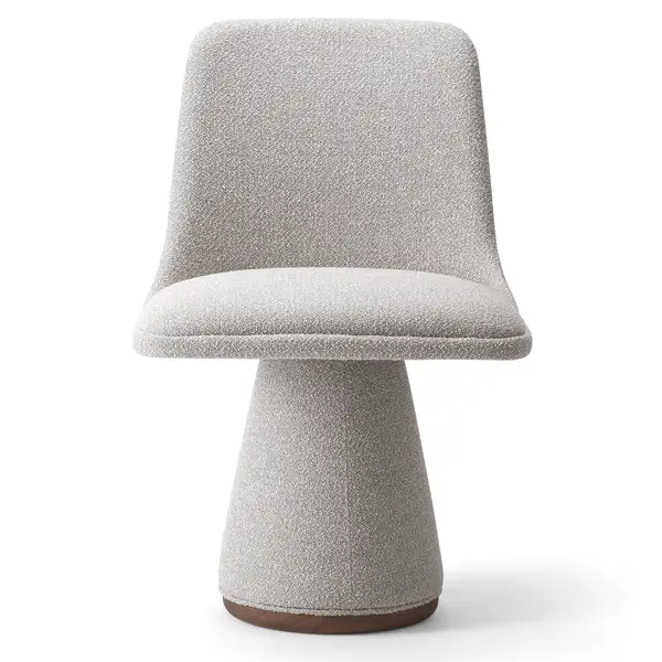Front view of a gray upholstered Flo Side Chair with a unique pedestal base, perfect for modern commercial lounge furniture.