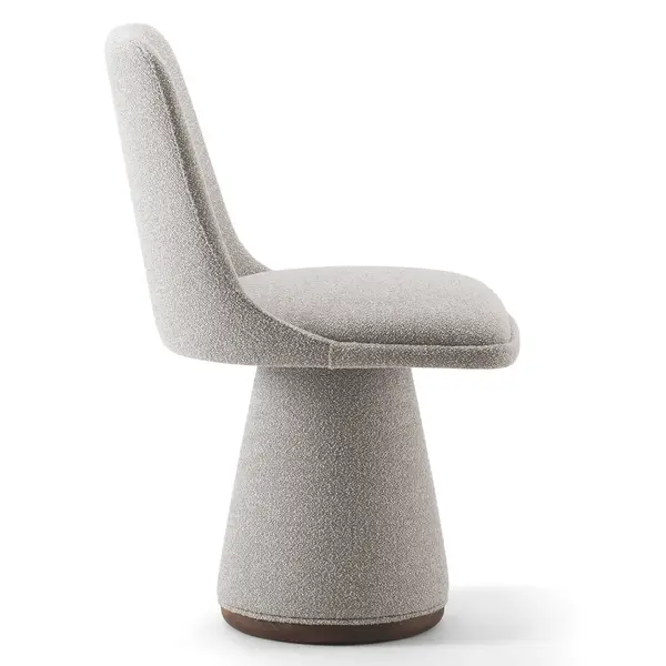 Side view of a gray upholstered Flo Side Chair with a unique, mushroom-shaped base and a dark wooden ring at the bottom.