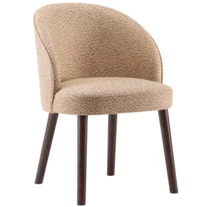 Ginger 060 Armchair: Upholstered seat and back in patterned beige fabric with dark wood legs. Contemporary side chair.