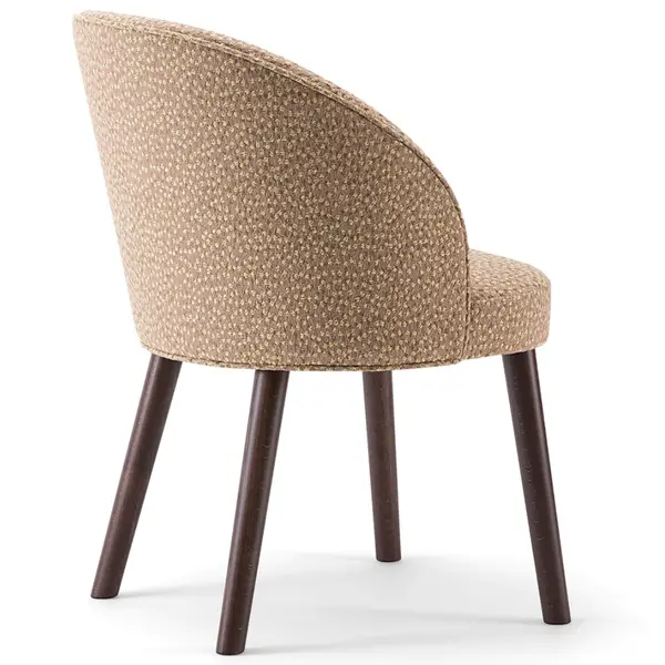 Ginger 060 Armchair, rear view. Upholstered in speckled beige fabric with rounded back. Dark finish wood legs. Contemporary style.