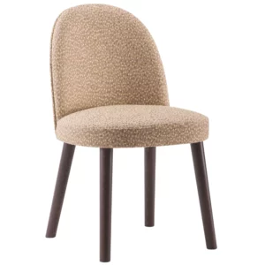 Ginger 060 Side Chair: upholstered seat and back in beige fabric with dark brown wooden legs, front angle view.