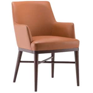 Front view of a tan leather upholstered Ivy T Armchair with dark wood frame. Contemporary style. Comfortable and durable.