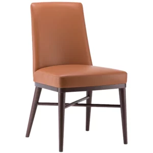 Modern Ivy T Side Chair in tan upholstery with dark wood frame, perfect seating for restaurants, hotels, and workspaces.