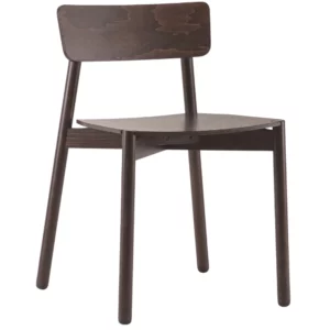 Kaia Side Chair in dark wood, showcasing its simple, modern design from a front angle, perfect for dining or office spaces.