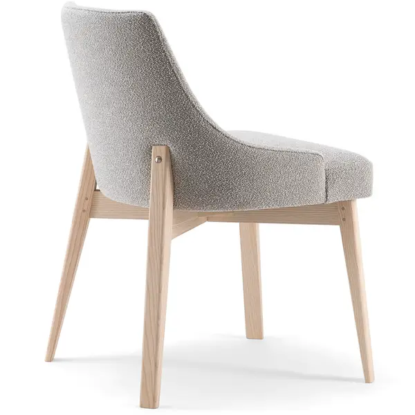 Kora Side Chair, rear view. Light wood frame, textured grey upholstered seat and back, contemporary design.