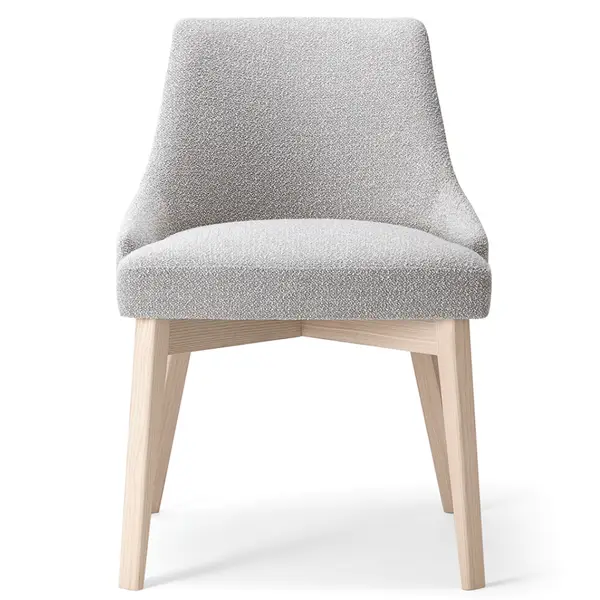 Front view of the Kora Side Chair, featuring muted gray upholstery and light wood legs, perfect for commercial lounge furniture.