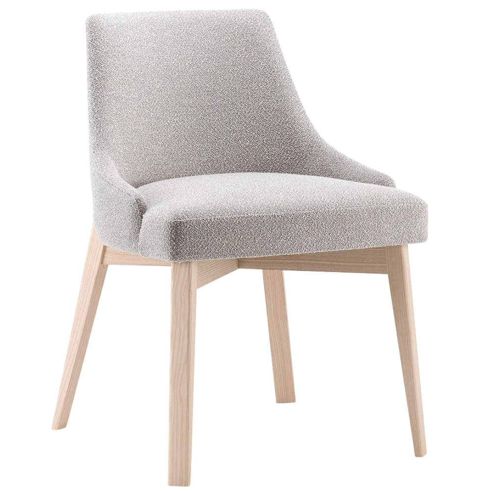 Angled view of Kora Side Chair, upholstered in light gray fabric with light wood frame, ideal for commercial lounge furniture.