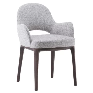 Lea T Armchair: Front view, soft grey upholstered seat and back, distinctive cut-out, dark wood legs, contemporary side chair.
