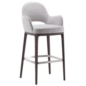 Lea T Barstool: Front view of grey upholstered seat and back with wooden frame and metal footrest. Contemporary commercial furniture.
