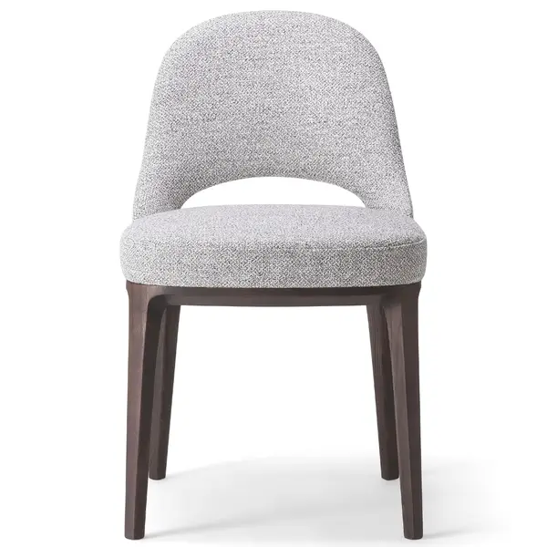 Front view of the Lea T Side Chair featuring gray textured upholstery and a dark wood frame, ideal for commercial lounge areas.