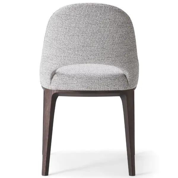 Front view of Lea T Side Chair with gray textured upholstery and dark wood frame, ideal for commercial or home use.