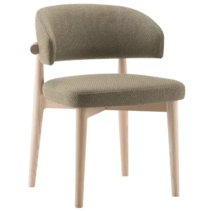 Liv T Armchair: Contemporary side chair with light wood frame and textured, upholstered seat and back in olive green fabric.