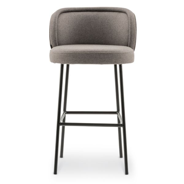Front view of Luna Barstool with gray upholstered seat and back, and black metal frame, designed for commercial spaces.