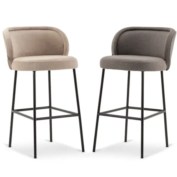 Luna Barstools in beige and gray with black metal frame. Upholstered seat and back, perfect for commercial environments.