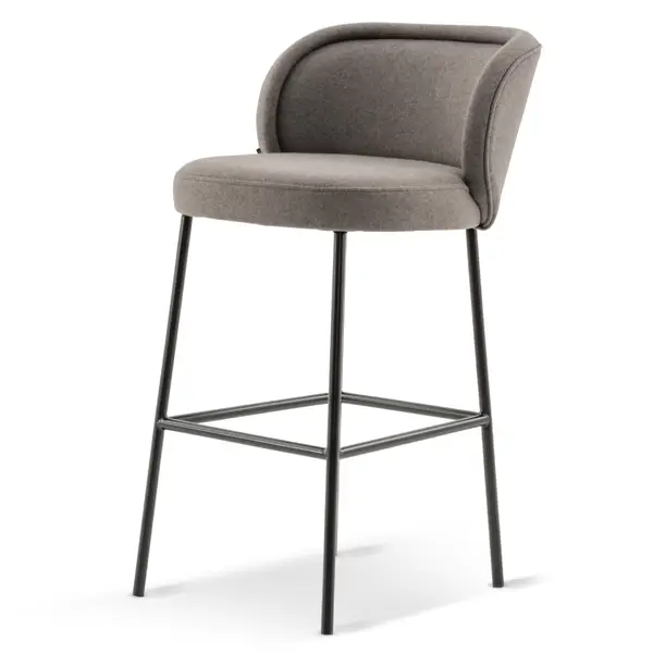 Luna Barstool with gray upholstered seat and back, featuring a sleek black metal frame. Perfect for modern commercial spaces.