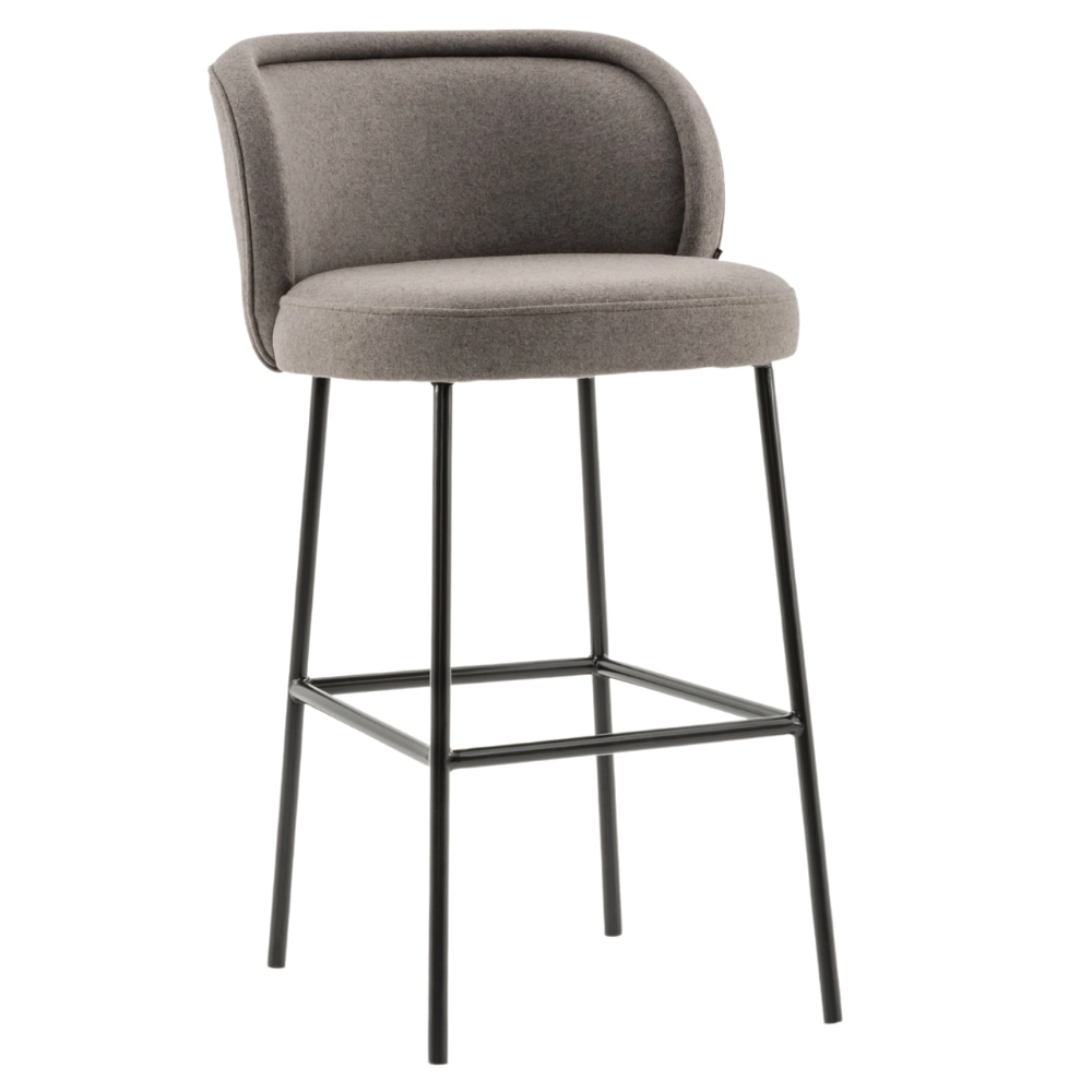 Luna Barstool: Upholstered seat and back in gray fabric, black metal frame. Modern design, ideal for commercial spaces.