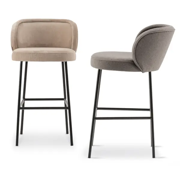 Luna Barstool: Front and side views of upholstered seat and back with black metal frame, perfect for commercial spaces.