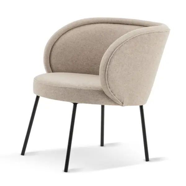 Luna Lounge Chair, front angle. Upholstered in beige fabric with black metal legs. Contemporary commercial furniture.