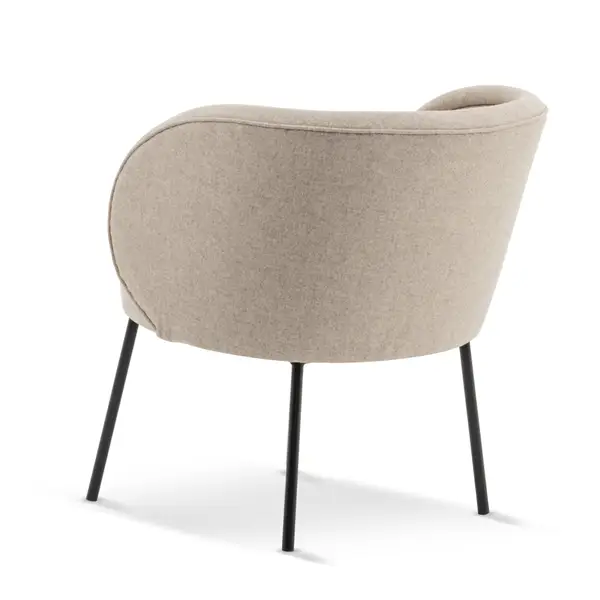 Rear view of the Luna Lounge Chair in light upholstery with black metal legs. Modern commercial seating.