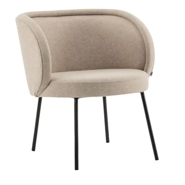 Front view of the Luna Lounge Chair in beige upholstery with black metal legs, showcasing its curved back and compact design.