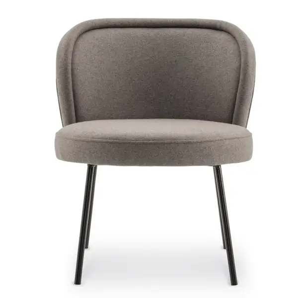 Front view of a Luna S Lounge Chair featuring gray upholstery and black metal legs, ideal for commercial spaces.