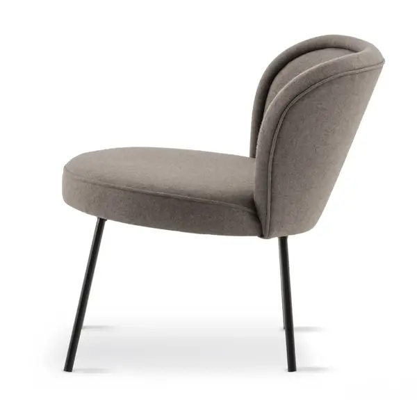 Side view of the Luna S Lounge Chair featuring a gray upholstered seat and backrest, and sleek black metal legs.