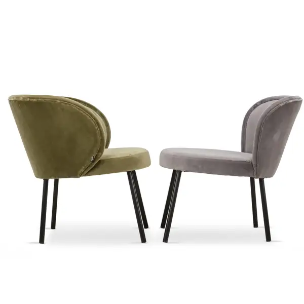 Luna S Lounge Chair: Side view of green and grey upholstered chairs with black metal frames, ideal for commercial settings.