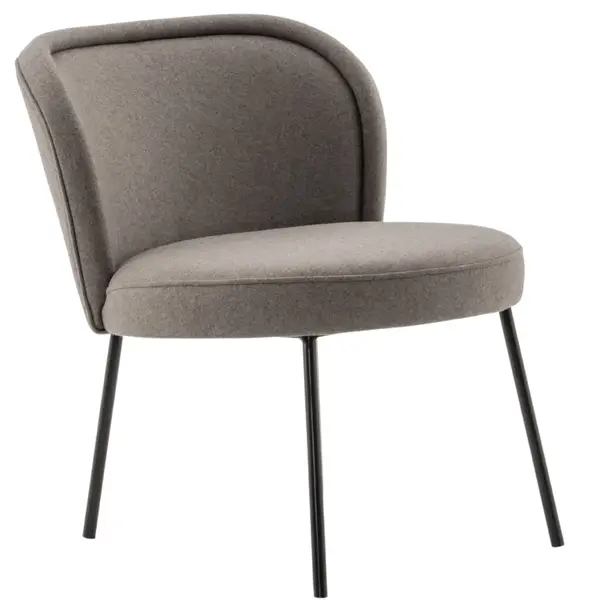 Angled view of Luna S Lounge Chair with gray upholstered seat and back, and black metal legs. Modern commercial seating.