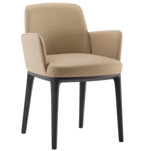 Mila T Armchair in beige upholstery with a dark wood frame, showcasing its modern design and comfortable seating.