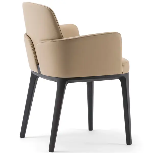 Mila T Armchair, rear view. Upholstered in beige fabric with dark wood frame. Elegant side chair for hospitality or workplace.
