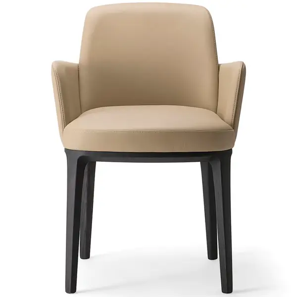 Front view of Mila T Armchair featuring a beige upholstered seat and back with a black wood frame, showcasing its modern design.