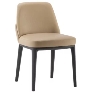 Front view of the Mila T Side Chair featuring a beige upholstered seat and back with dark wooden legs.