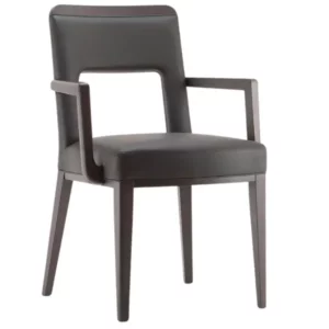 Montreal W Armchair, dark leather seat and back, show wood frame, comfortable and durable for restaurants and workspaces.