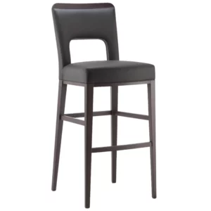 Montreal W Barstool: a contemporary high chair with dark upholstery, wood frame, open-back detail, ideal for commercial spaces.
