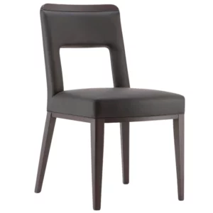 Montreal W Side Chair, front view: Dark timber frame, upholstered seat and back with cutout detail. Contemporary commercial seating.