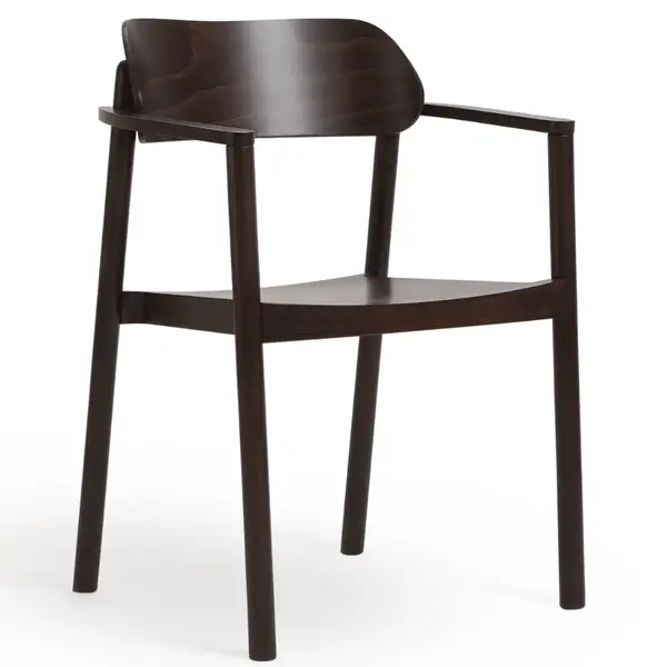 Front view of the Nimm W Armchair, featuring a dark wood frame and seat, suitable for commercial and hospitality environments.