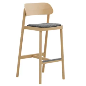 Nimm Barstool: Light wood frame, gray upholstered seat, supportive back. Contemporary high stool for commercial spaces.
