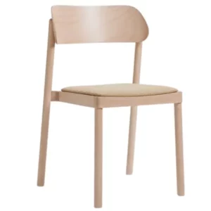 Front view of the Nimm Side Chair, featuring a light wood frame and upholstered seat. Modern commercial seating.