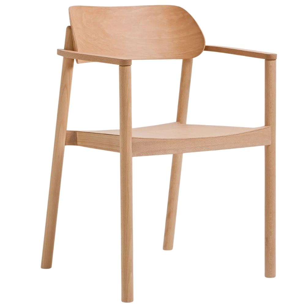 Nimm W Armchair, front view. Wooden frame and backrest. Contract furniture for restaurants, hotels, healthcare, and workplaces.
