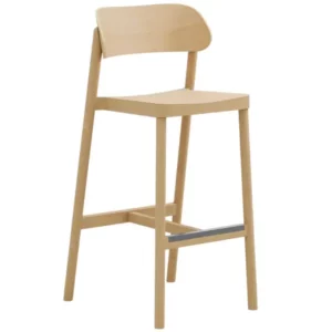 Nimm W Barstool, a modern wooden barstool with a light wood finish, featuring a curved back and a simple, elegant design.