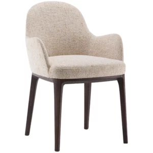 Front view of the Olivia Armchair featuring cream colored upholstery and dark wood frame and legs.