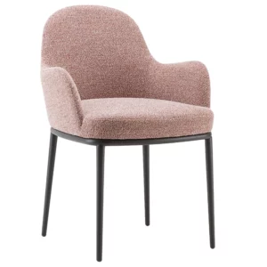Front view of the Olivia M Armchair, featuring pink upholstery, a rounded back, cushioned seat, and slim black metal legs.