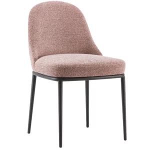Front view of the Olivia M Side Chair featuring a light pink, textured upholstery and black metal frame.
