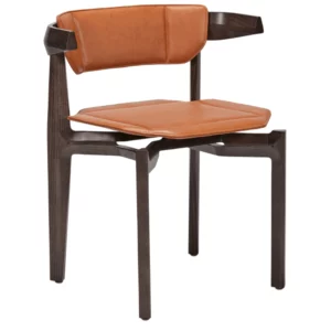 Rasa Side Chair: Dark wood frame with tan upholstered seat and back, frontal view. Perfect for commercial lounge furniture.