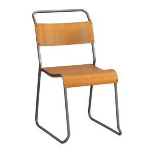 Angled view of a Reading Side Chair. Features a light wood seat and backrest with a gunmetal metal frame. Modern design.
