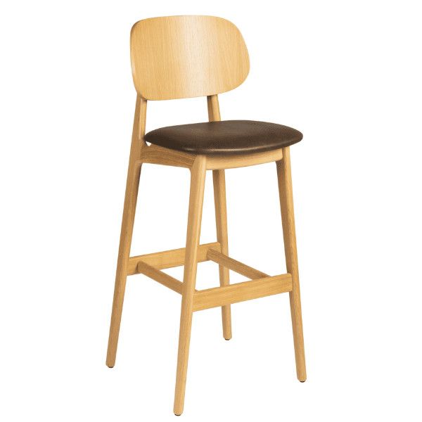Relish SU Barstool featuring light wood frame, backrest and brown upholstered seat. Commercial bar stool, high stool.
