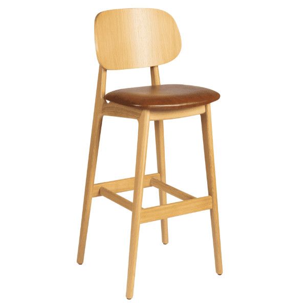 Relish SU Barstool: Wooden frame, brown upholstered seat, high stool, commercial grade, for restaurant, hotel, healthcare, workplace.