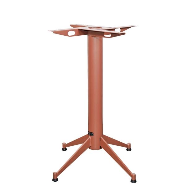 Stable Rise Dining Table Base, metal frame in reddish-brown, self-leveling feet, perfect for hospitality and commercial spaces.