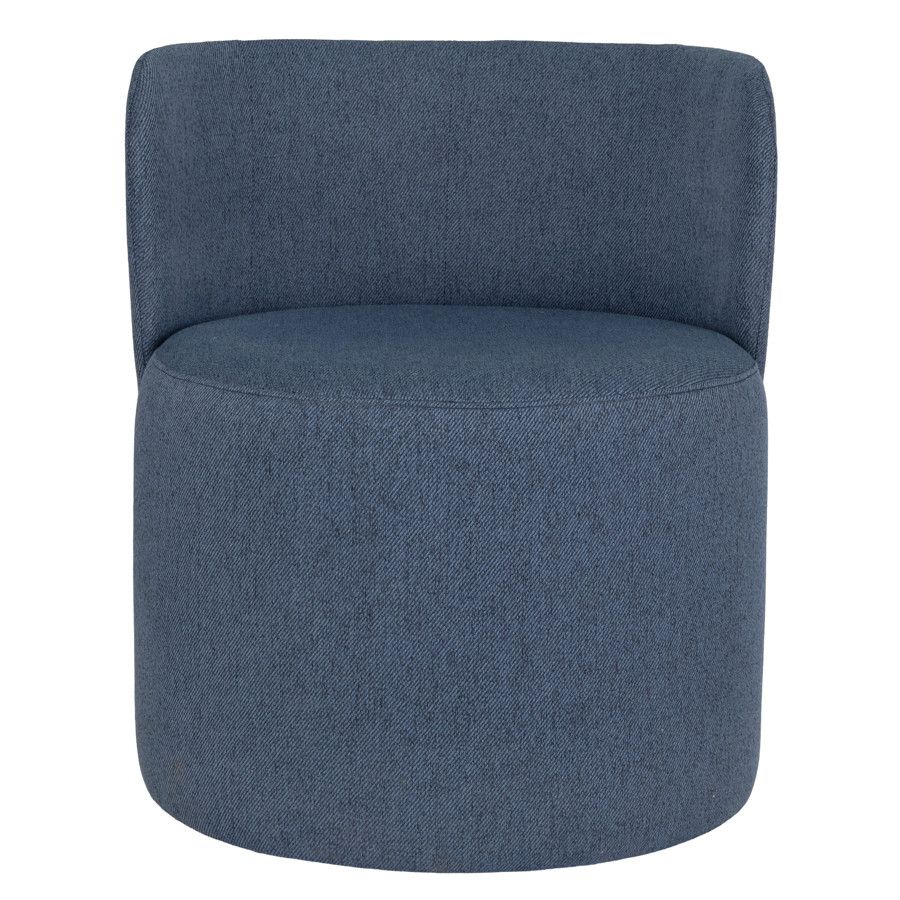 Stylish Ron Pouf in blue upholstery, perfect for modern interiors. Compact, comfortable seating option. Round shape, back support.