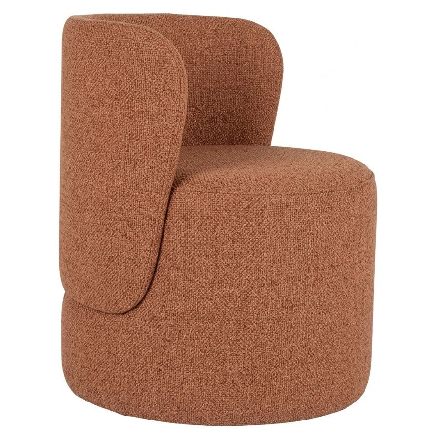 Stylish terracotta Ron Pouf. Upholstered barrel chair with curved back. Perfect accent seating, side view.
